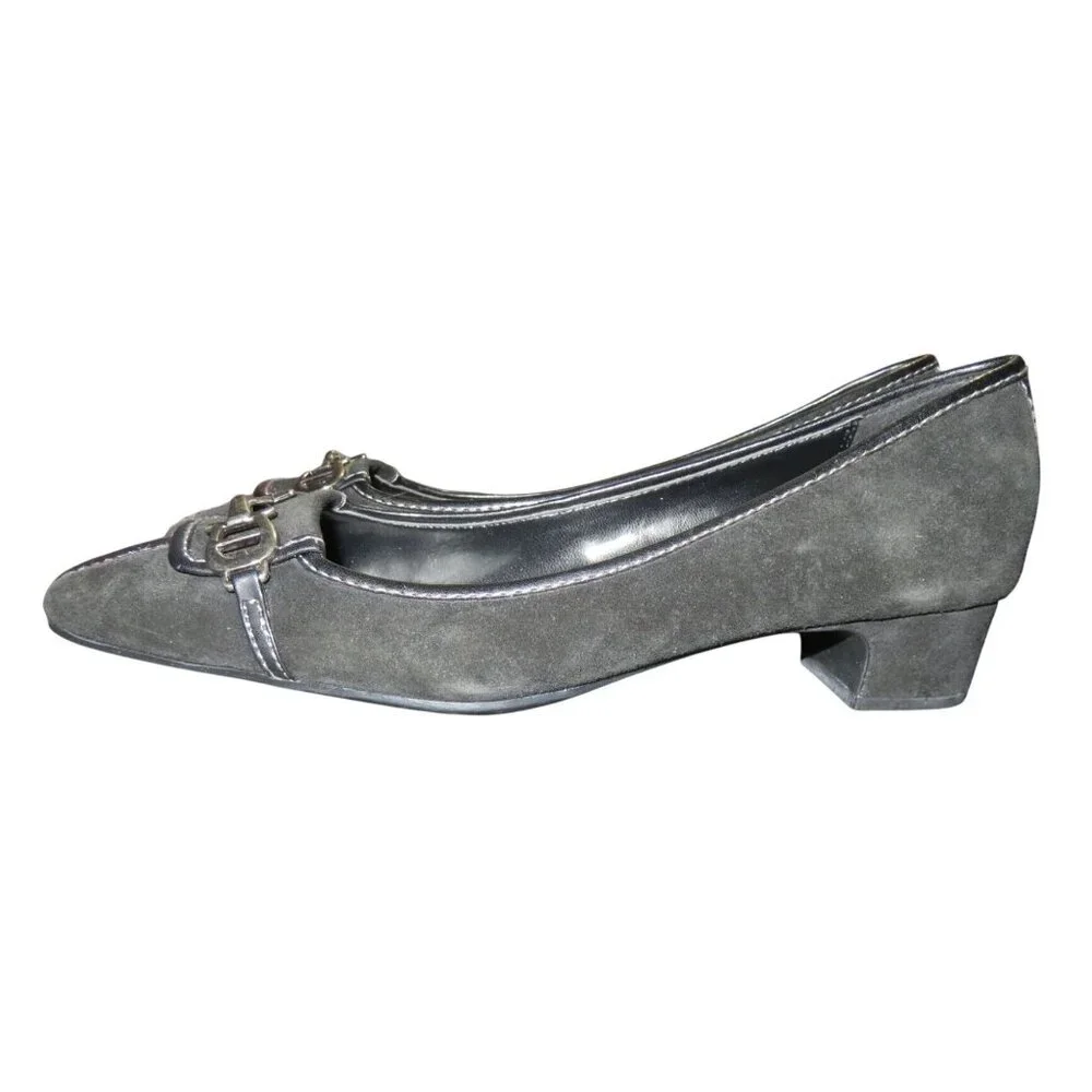 Etienne Aigner Black Italian Suede & Leather Horsebit Buckle D'orsay Pumps sz 8